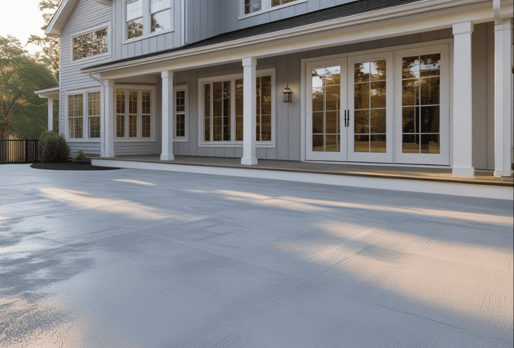 Resurfaced concrete patio in front of modern house with large windows