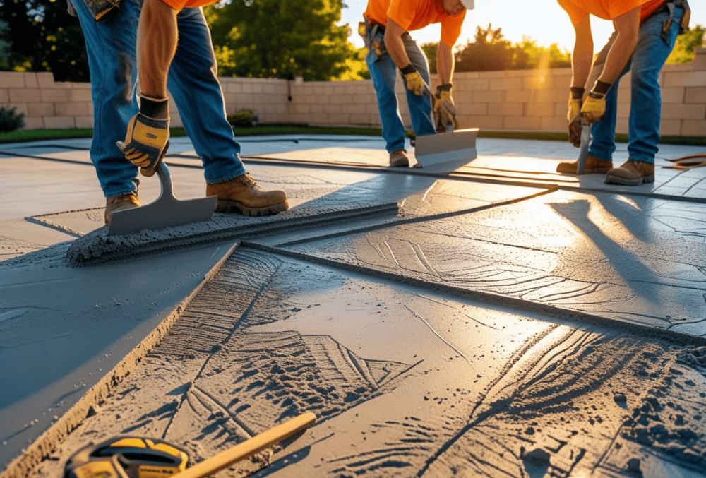 Contractors installing stamped concrete with textured finishing tools
