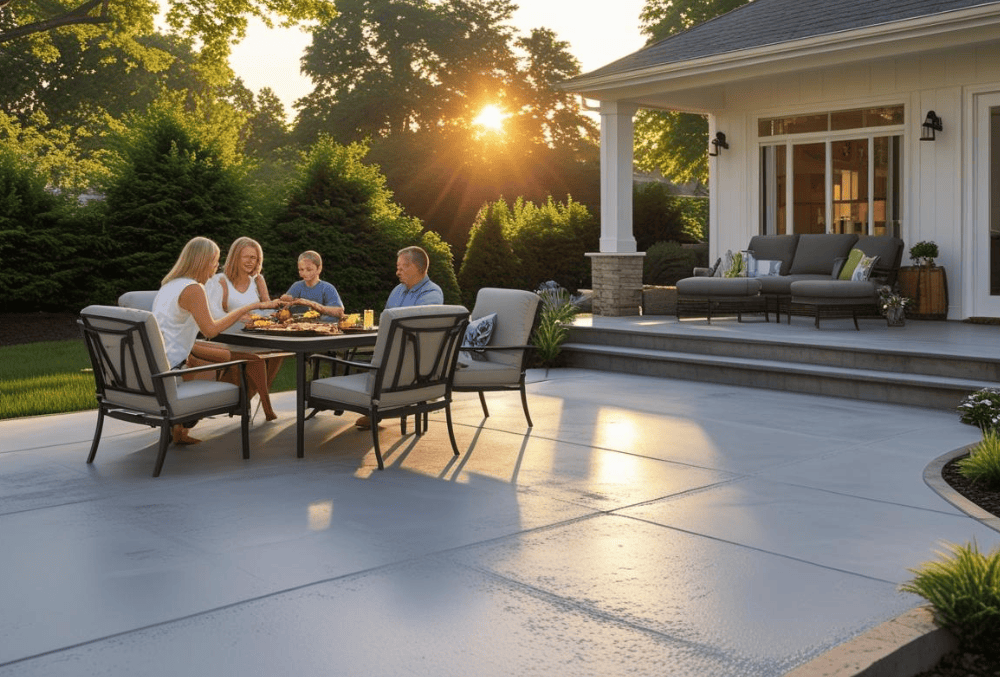 Family enjoying meal on resurfaced concrete patio in backyard