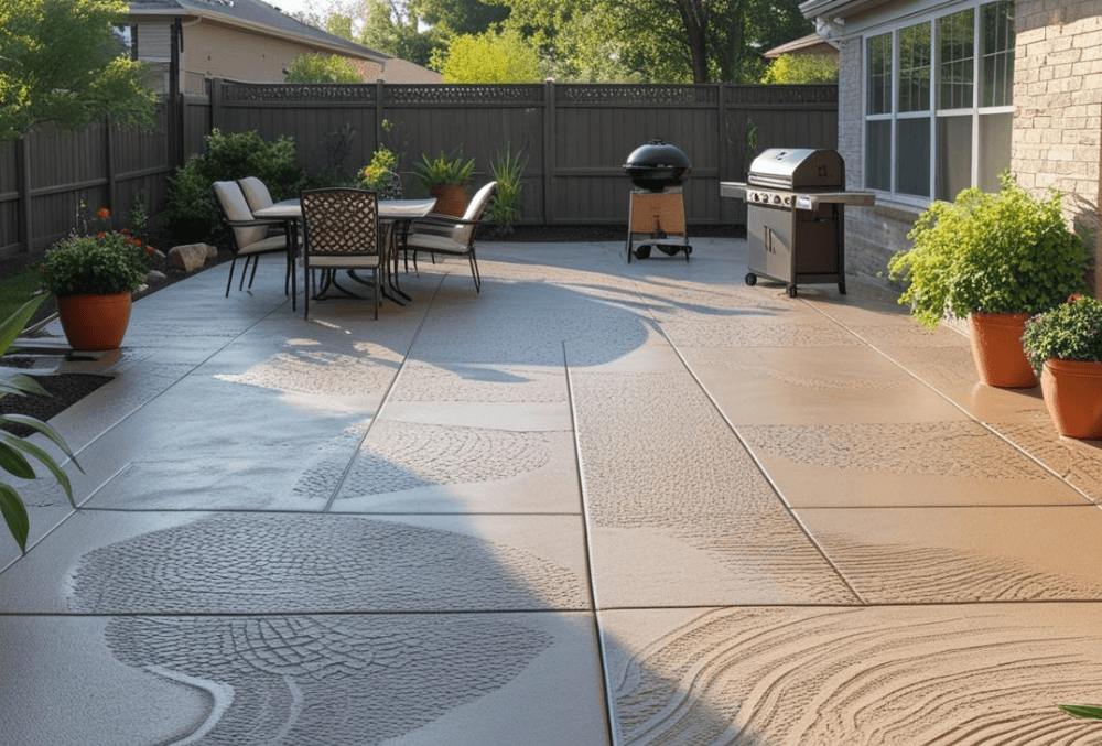 Stamped concrete patio with outdoor dining and grill setup