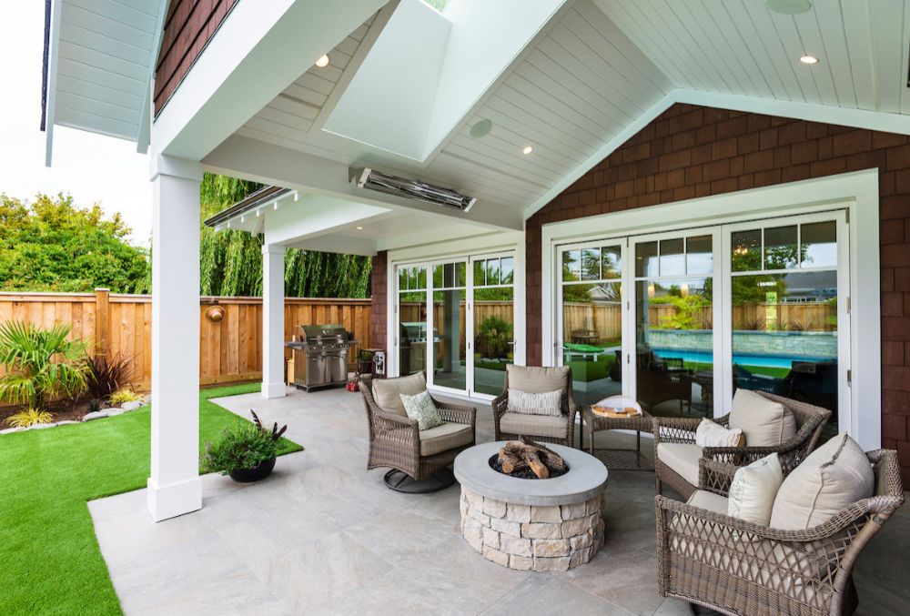 Outdoor patio seating area with fire pit
