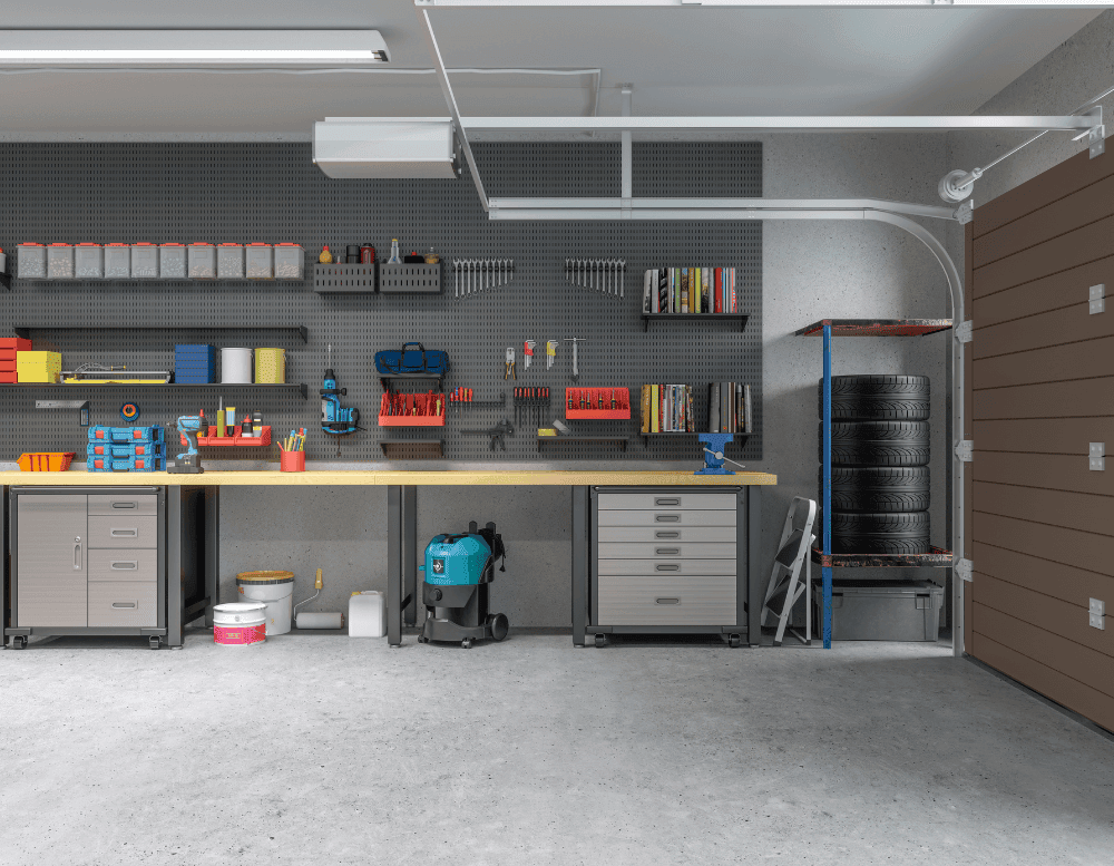 cabinet storage with tools and workbench