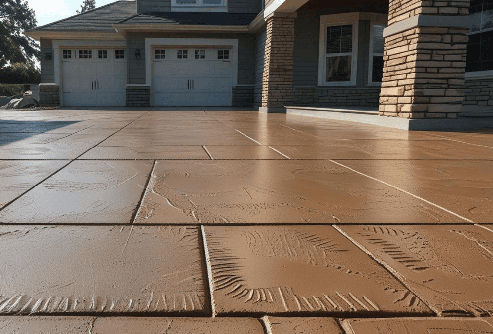 Stamped concrete driveway in front of modern home