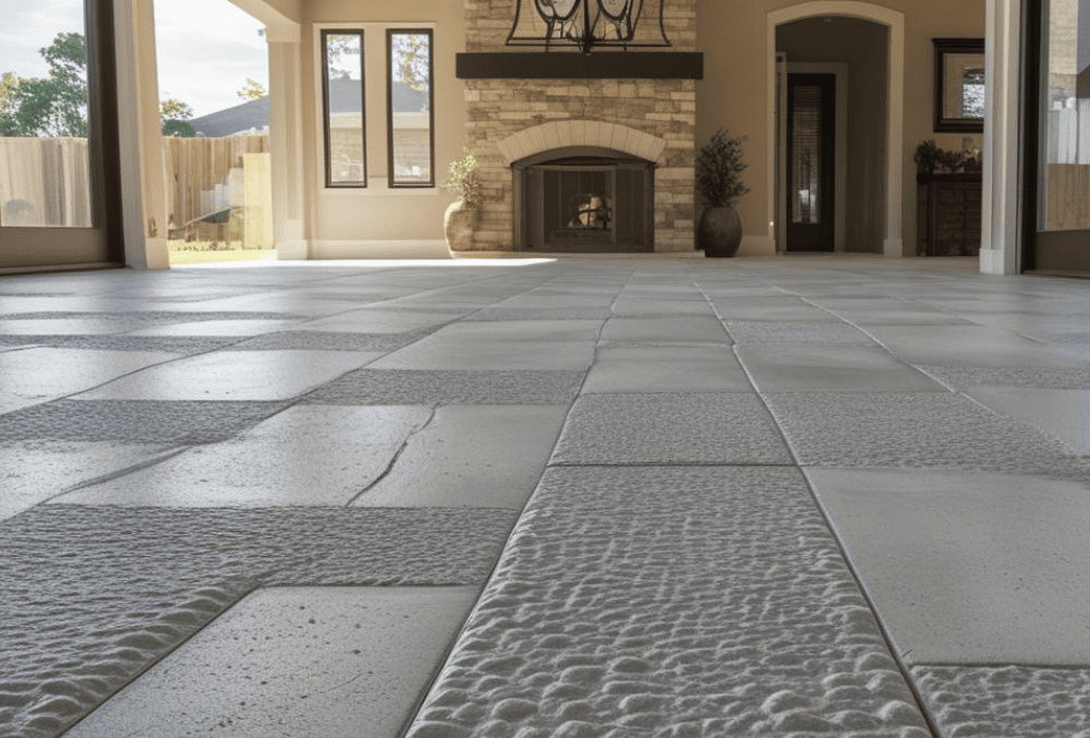 Textured concrete patio resurfacing with tile pattern in covered outdoor space