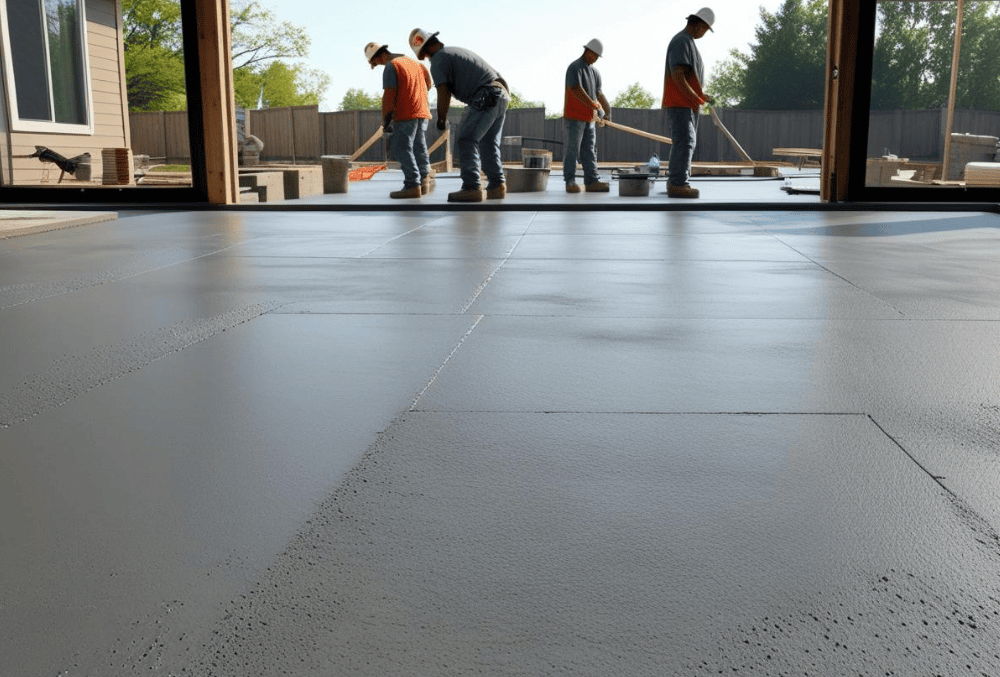 Concrete contractors resurfacing patio with tools in residential backyard