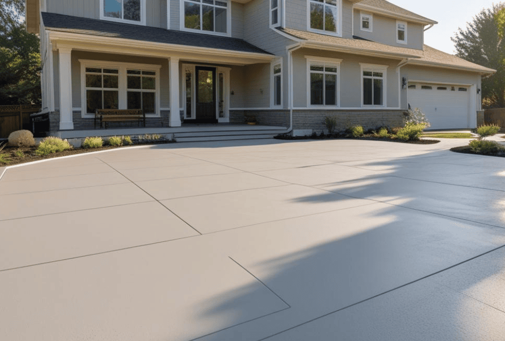 concrete patio resurfacing outside modern two-story house with landscaping