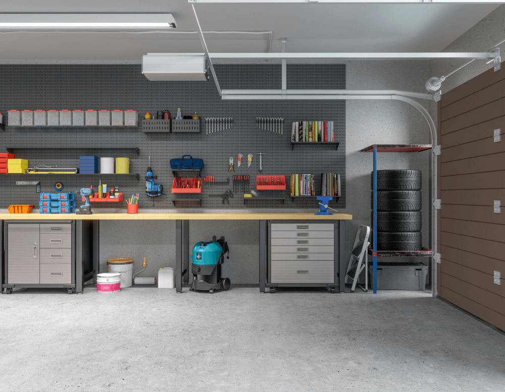 cabinet storage with tools and workbench