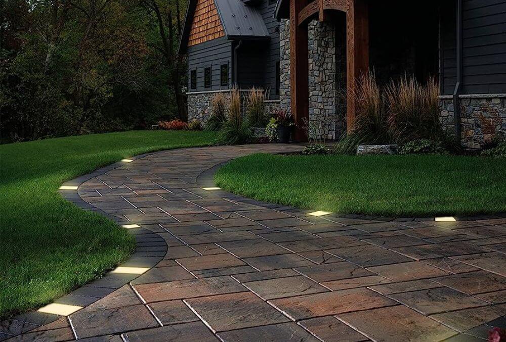 country house driveway with path way lights