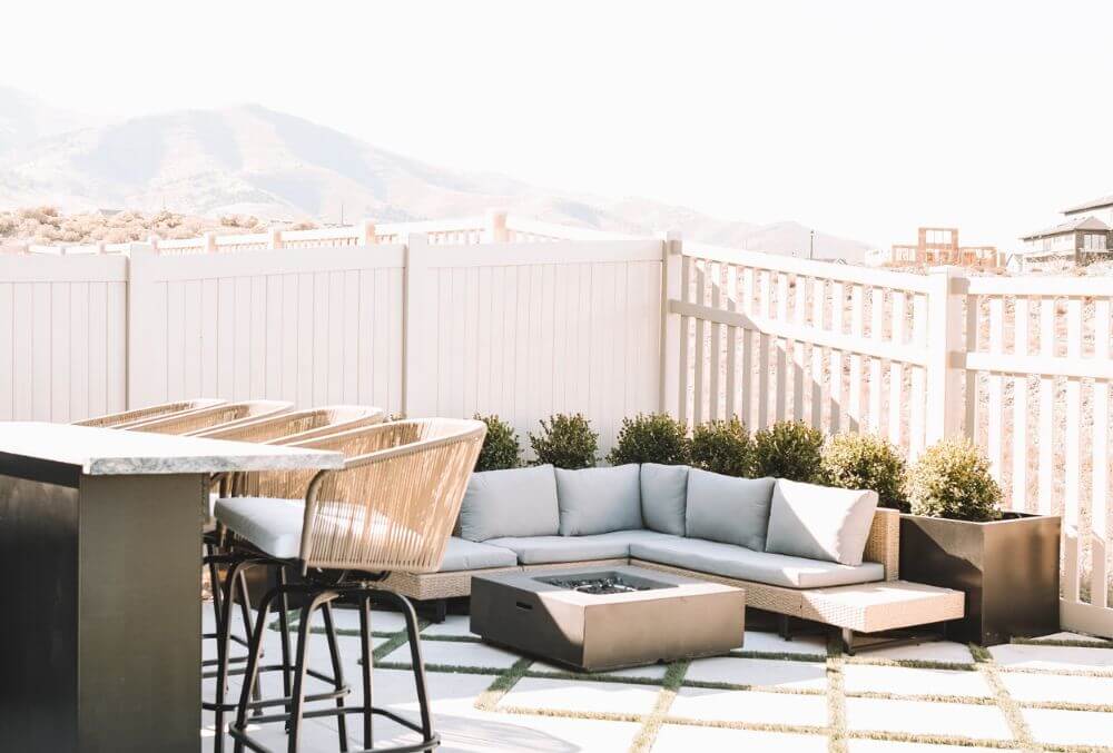 backyard patio with cozy chair and a firepit