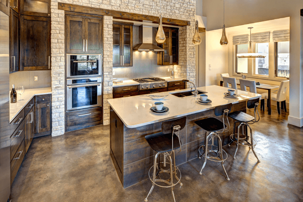 rustic stained concrete floor in the kitchen