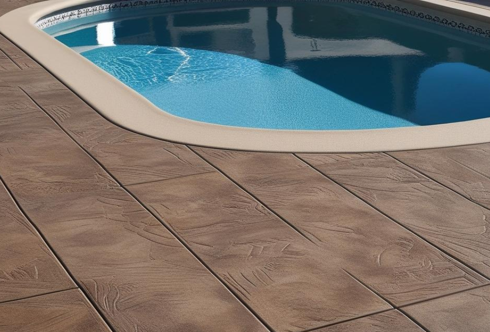 Stamped concrete swimming pool deck with visible pool deck leveling for smooth and even surface.