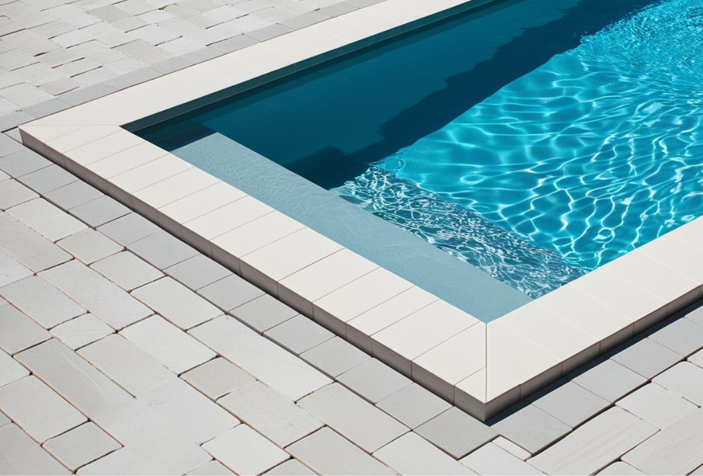 Swimming pool with surrounding deck undergoing professional pool deck leveling for a safe, even surface.