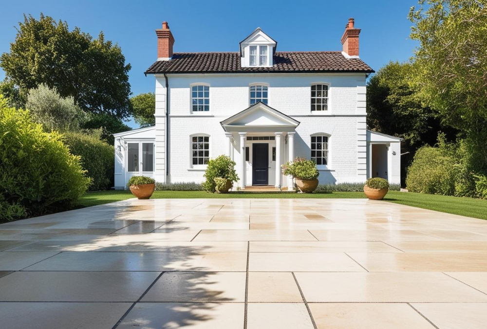 white house with patio resurfacing with backyard