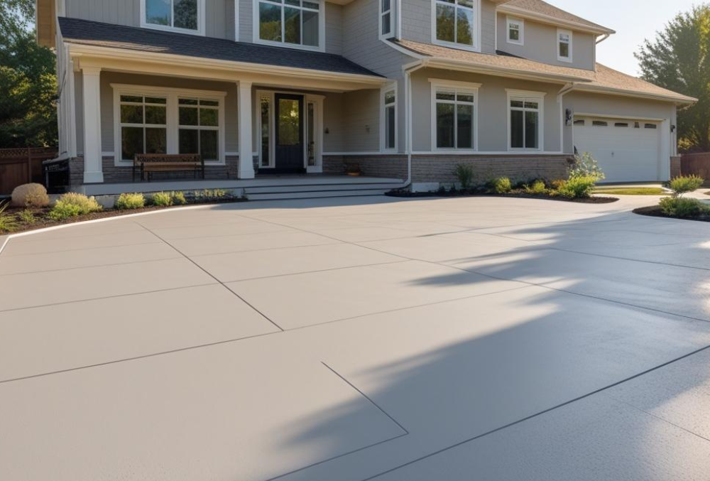 concrete patio resurfacing outside modern two-story house with landscaping