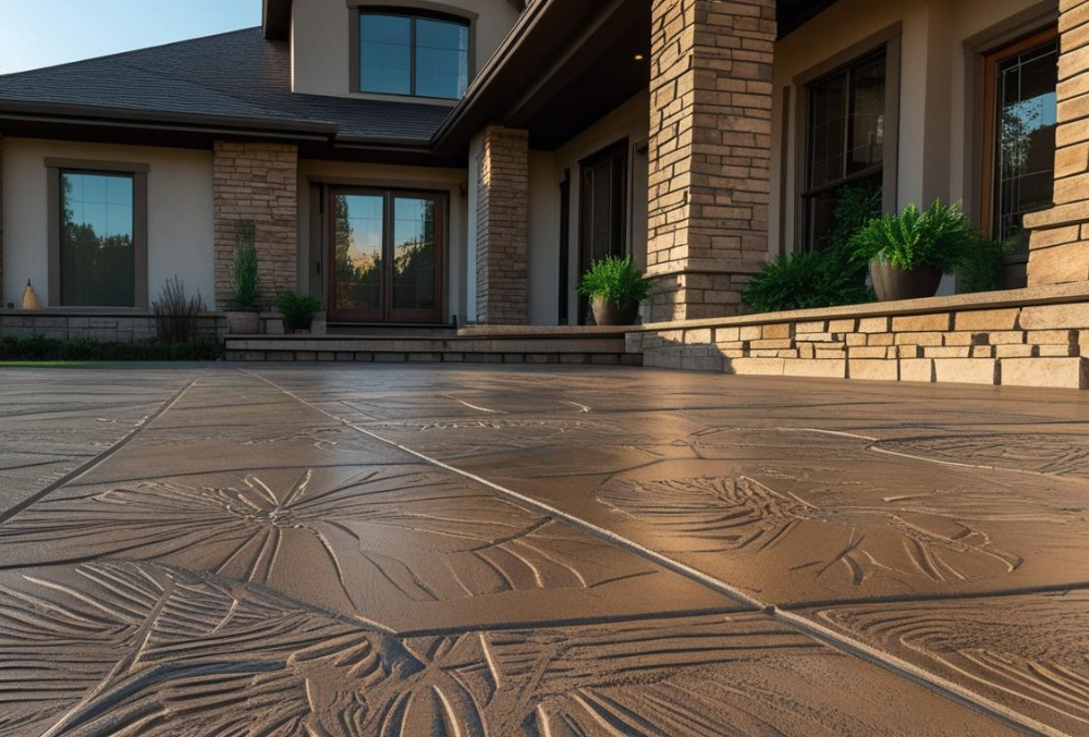 Stamped concrete patio in front of modern residential house