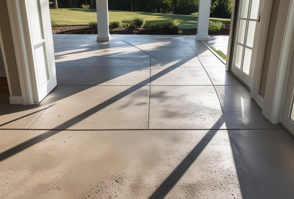 outdoor concrete patio with open double doors and garden view