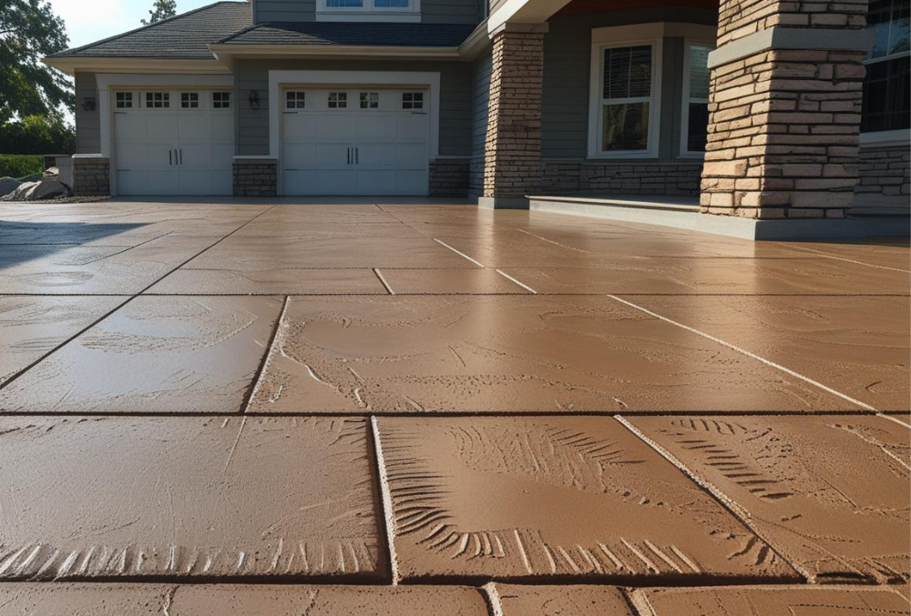 Stamped concrete driveway in front of modern home