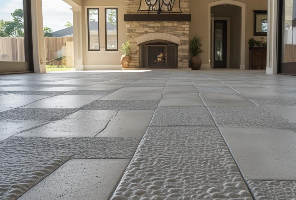 Textured concrete patio resurfacing with tile pattern in covered outdoor space