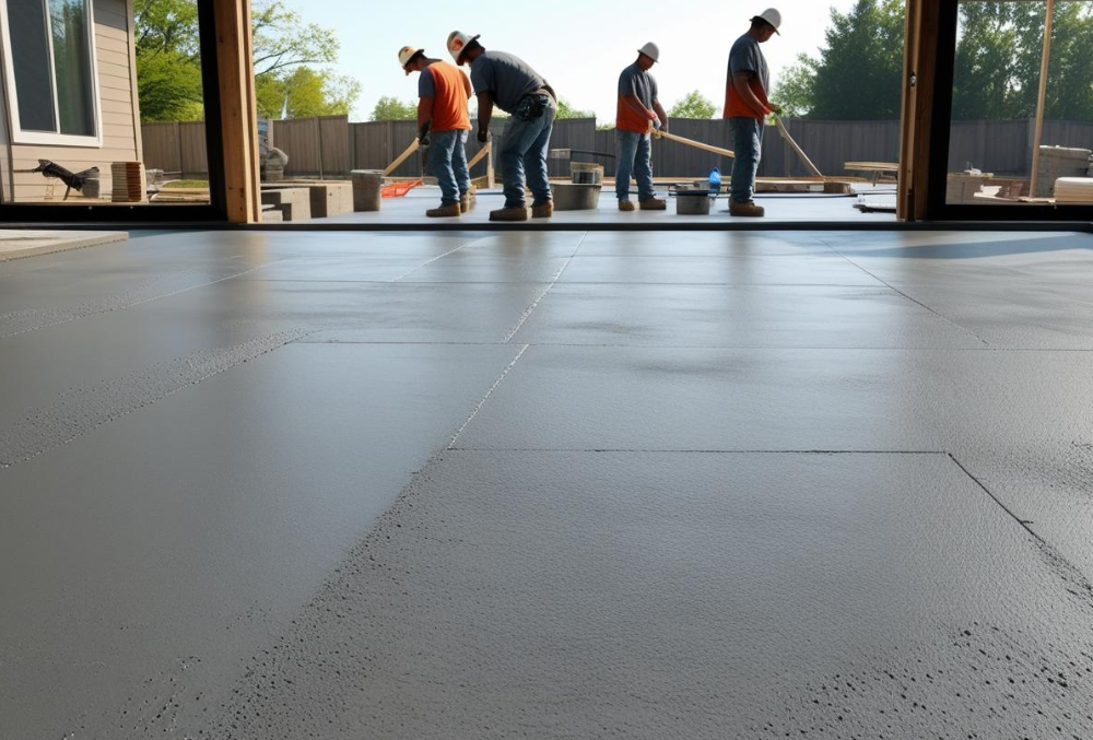 Concrete contractors resurfacing patio with tools in residential backyard