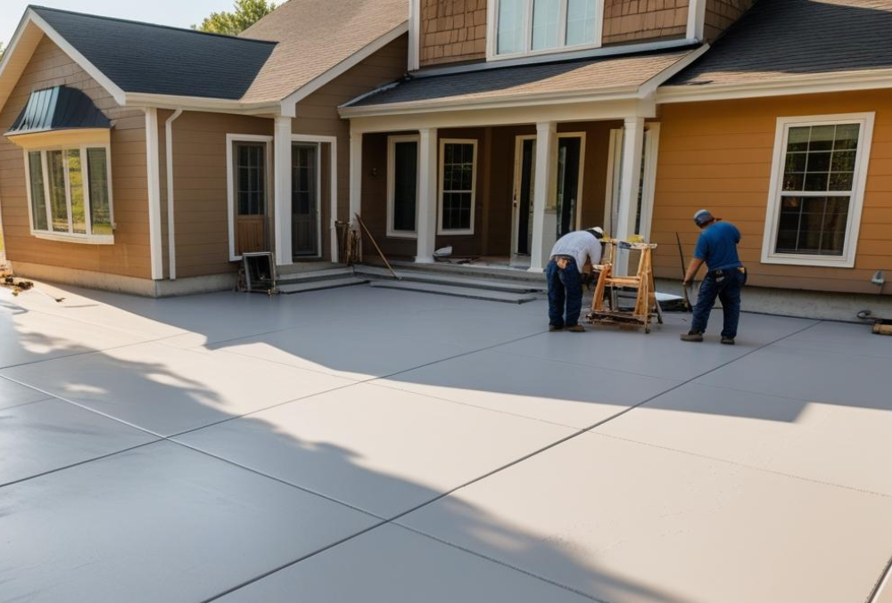 Concrete contractors working on residential driveway installation