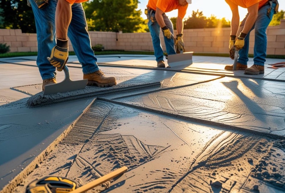 Contractors installing stamped concrete with textured finishing tools