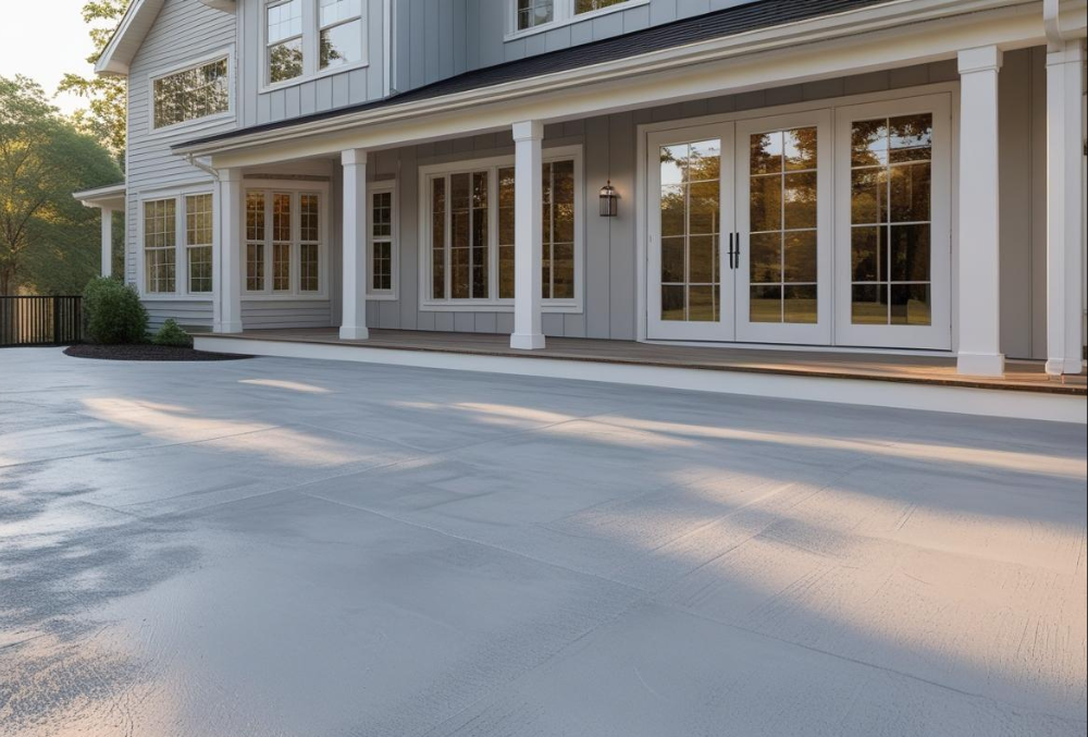 Resurfaced concrete patio in front of modern house with large windows