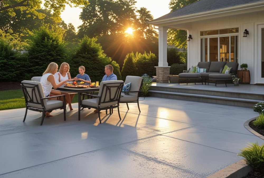 Family enjoying meal on resurfaced concrete patio in backyard