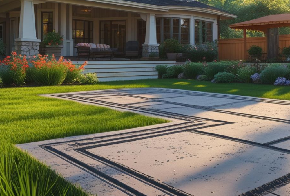 Stamped concrete patio with lawn and garden in front of house