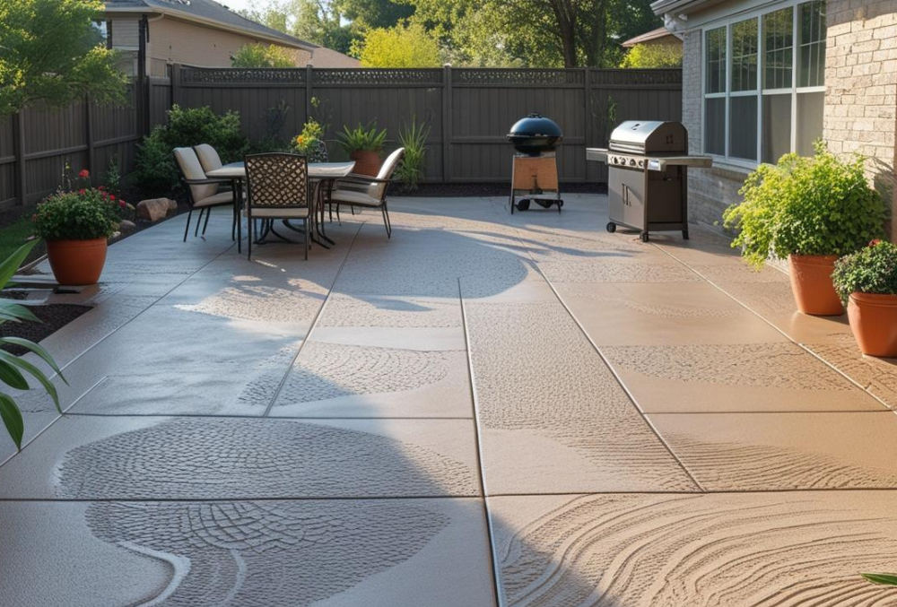 Stamped concrete patio with outdoor dining and grill setup