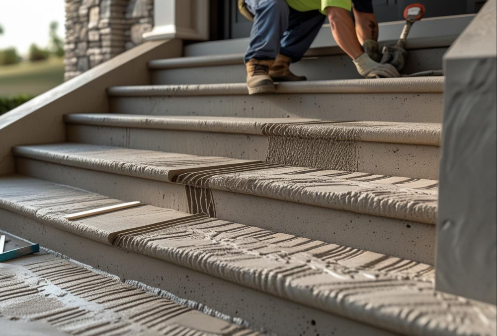 Worker repairing textured concrete stairs with hand tools