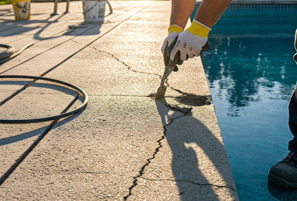 contractor repairing a pool deck